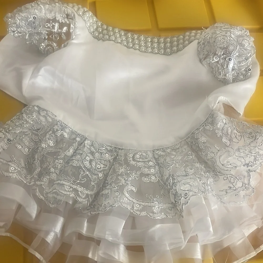 Buffy Pet home dress white tulle Gray silver accent formal dress up wear New M